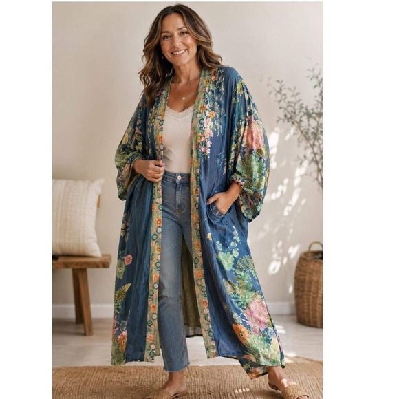 Powder Sweaters - Powder Floral Kimono Duster Women M Blue Good Wisteria Chrysanthemum Pocket